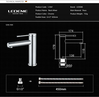 Смеситель для раковины Ledeme L1047