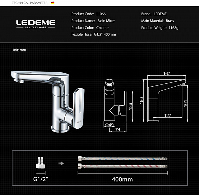 Смеситель для умывальника Ledeme L1066