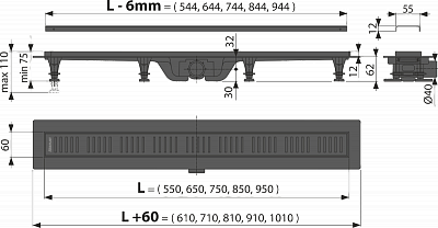 Водоотводящий желоб с порогами для перфорированной решетки AlcaPlast APZ10BLACK-950M, черный-мат