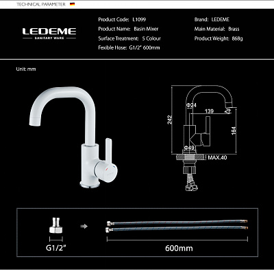 Смеситель для раковины Ledeme L1099W