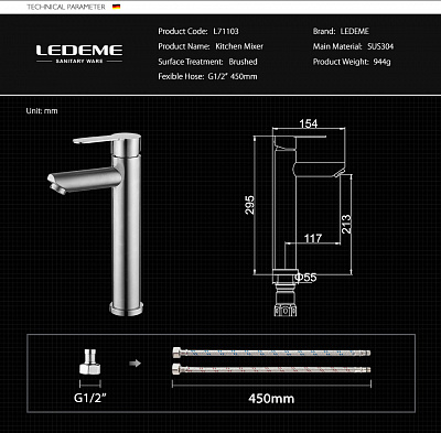 Смеситель для раковины Ledeme L71103